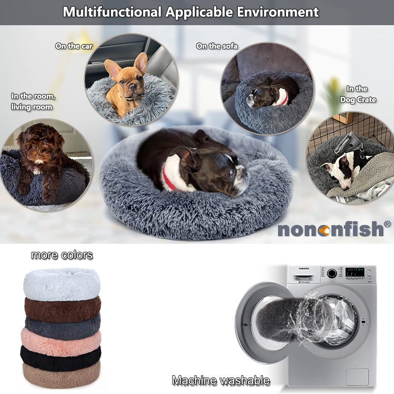 nononfish Small Calming Dogs Bed for Small Dogs Anti-Anxiety Machine Washable Fluffy Luxury Anti-Slip Waterproof Mute Base Warming Cozy Soft Pet Puppy Round Bed - Image 3